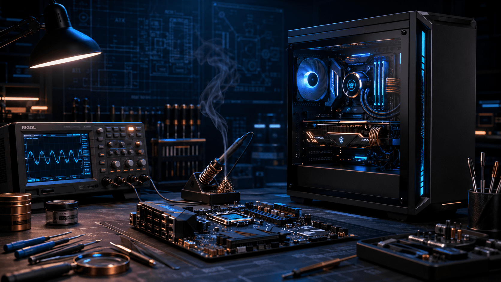 Reparatur-Werkbank mit Oszilloskop, Lötkolben und Mainboard – Computer-Reparatur von Blekic Services, Berlin Pankow.