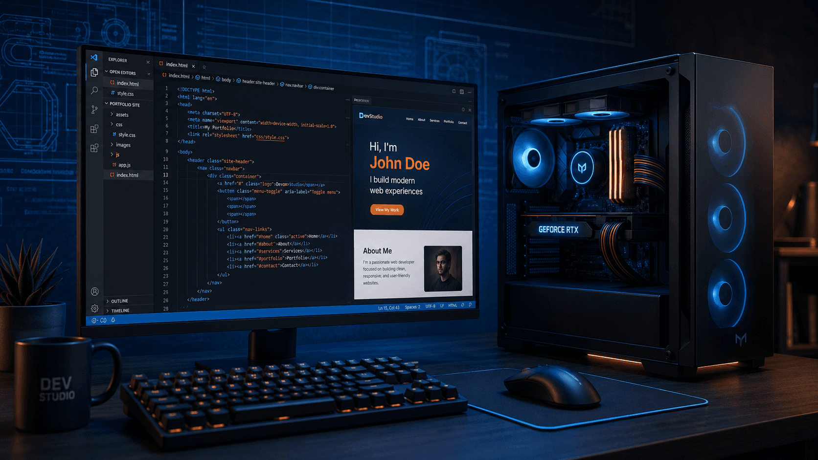 Moderner Arbeitsplatz mit Monitor, auf dem Code in VS Code zu sehen ist – Webentwicklung von Blekic Services, Berlin Pankow.